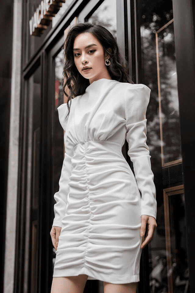 Đầm body trắng tay dài nhúng tùng - Quần Áo Giá Xưởng