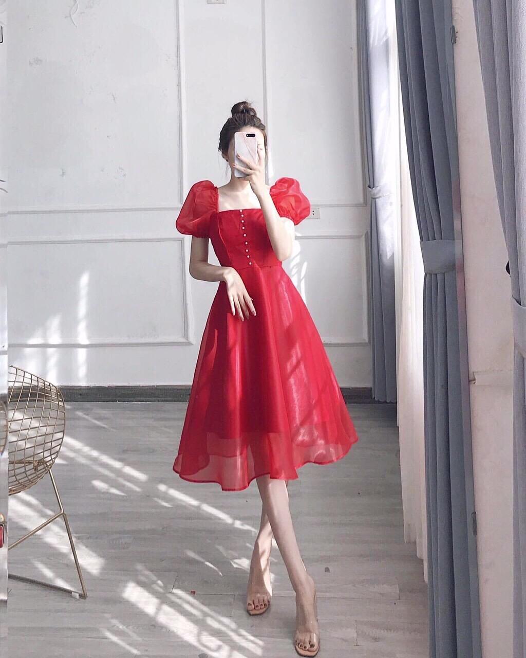 Đầm đỏ dáng xòe tùng váy viền bèo KK10335  Thời trang công sở KK Fashion