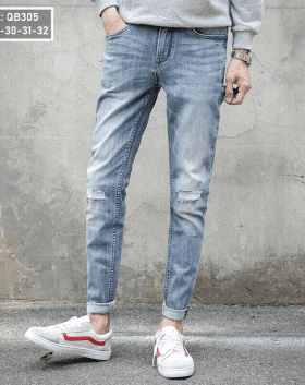 Kho sỉ quần jean dài nam xanh nhạt rách nhẹ