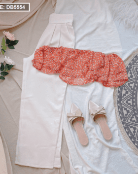 Set áo crop bẹt vai hoa kết quần suông trắng