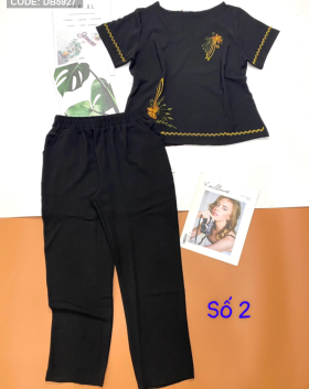 Đồ bộ nữ tay ngắn quần dài vải đũi thêu hoa - DB283