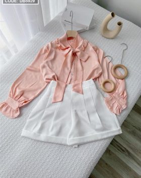 Set áo sơ mi hồng cột nơ cổ kết hợp quần short trắng - DB5929
