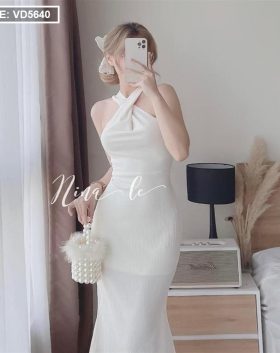 Đầm maxi trắng cổ yếm chéo - VD5640