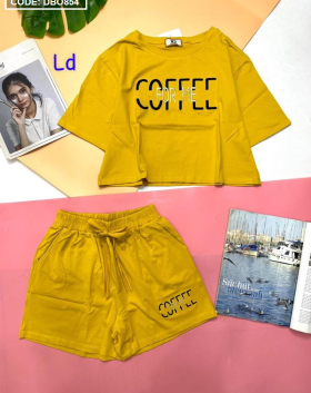 Đồ bộ thun nữ quần đùi áo thêu chữ coffe - DBO854