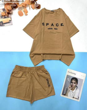 Bộ thun nữ mặc nhà quần đùi áo thêu chữ space - DBO894