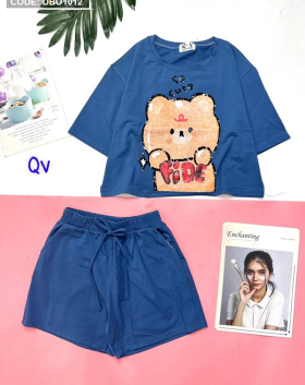 Đồ bộ thun nữ quần đùi áo in hình gấu cute - DBO1012