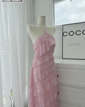 Đầm mixi hồng bèo tầng cổ yếm vải voan tơ - VD5817