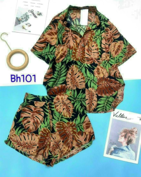 Đồ bộ nữ quần đùi áo cổ bẻ form rộng in hoa cỏ - DBO1190