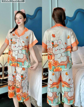 Đồ bộ nữ quần lửng pijama tay ngắn in họa tiết cute trước và sau - DBO1307