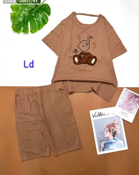 Đồ bộ lửng áo quần màu trơn tay ngắn in hình gấu - DBO1741