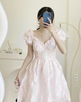 Đầm nữ hoa nổi viền ren ngực bèo hồng - VD5819