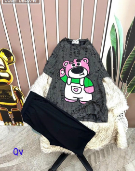 Đồ bộ quần ngố đen áo tay ngắn in hình gấu hồng - DBO2719