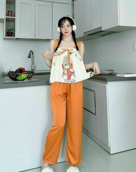 Đồ bộ quần dài pijama áo dây viền bèo hoạ tiết - DBO2850