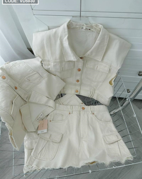 Sét jean trắng + chân váy túi hộp - VD5830