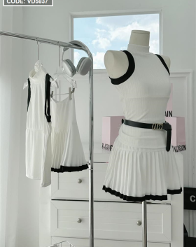 Sét áo trắng viền đen + chân váy xếp ly - VD5837
