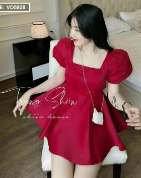 Sét áo peplum đỏ cổ vuông tay phồng + chân váy trắng - VD5928