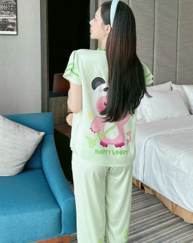 Đồ bộ pijama quần dài áo tay ngắn cổ tròn viền nhún in hoạ tiết - DBO4217