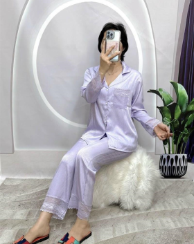 Đồ bộ pijama quần dài áo tay dài xước màu có túi phối ren - DBO4219