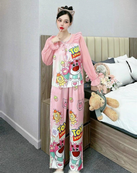 Đồ bộ pijama quần dài áo tay dài bèo cổ ren in họa tiết - DBO4355
