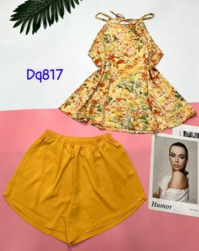 Đồ bộ mango siêu mát quần đùi áo yếm in hoạ tiết - DBO4434