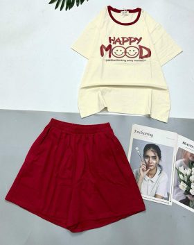 Đồ bộ thun cotton quần đùi áo tay ngắn in chữ HAPPY - DBO4468