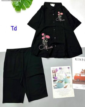 Đồ bộ quần ngố đen áo sơ mi tay ngắn cổ bẻ in hình hoa octave - DBO4492