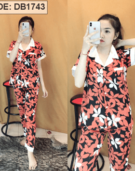 Pijama sallin quần dài tay ngắn in hoa