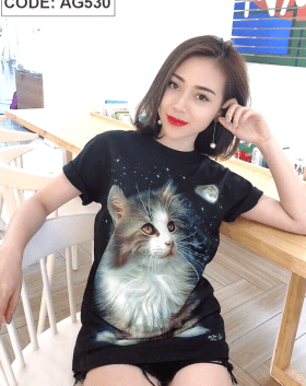Áo thun nữ tay ngắn in mèo 3D