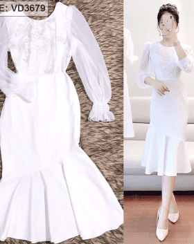 Đầm trắng tay dài phối ren