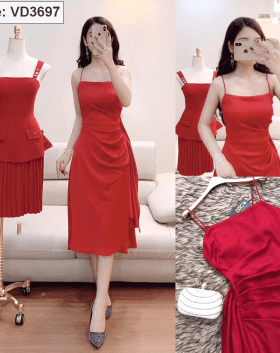 Đầm đỏ 2 dây bèo eo vải lụa giá sỉ tận xưởng